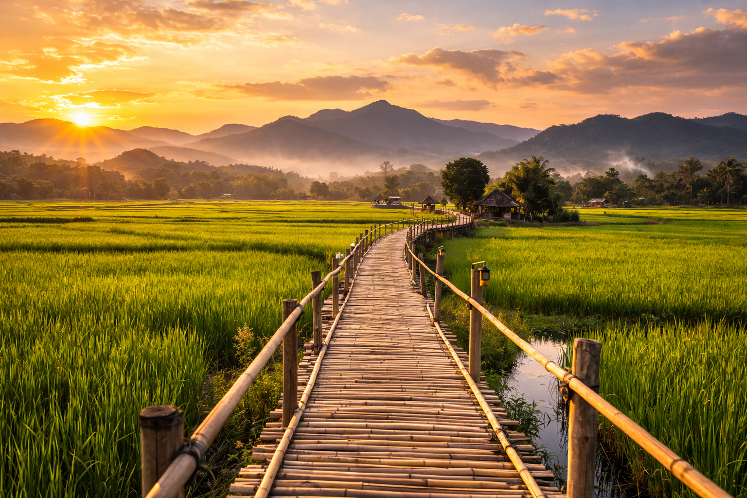 Bamboo bridge over rice fields